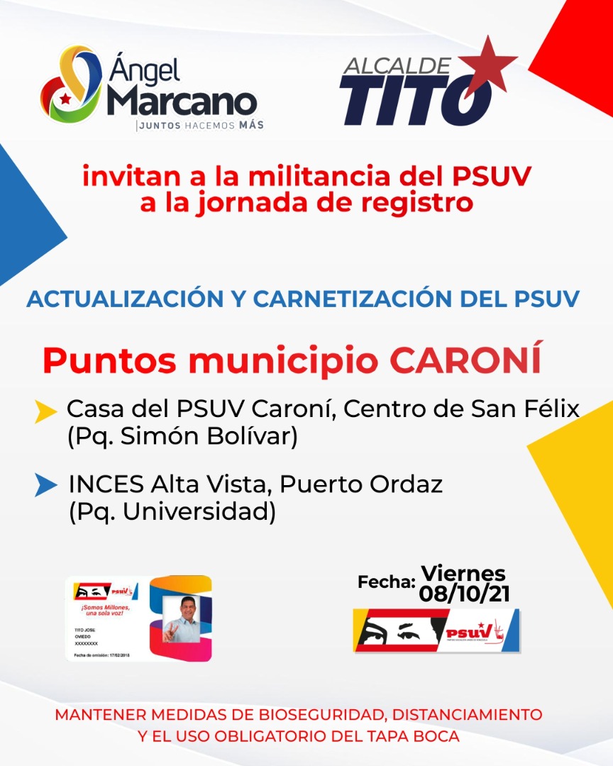 psuvjustino's tweet photo. Los Candidatos del #GPPSM ÁNGEL MARCANO Y TITO OVIEDO INVITAN!!! a la militancia,  este Viernes #8Oct a nuestros puntos de Registro y Carnetización 🧑‍💻 CASA DEL PSUV Centro de San Félix y 👩🏻‍💻  INCES ALTA VISTA #JuntosHacemosMas #ConAngelYTitoSeAvanza #LoEstamosHaciendoBien https://t.co/8Fo32Hz6NY