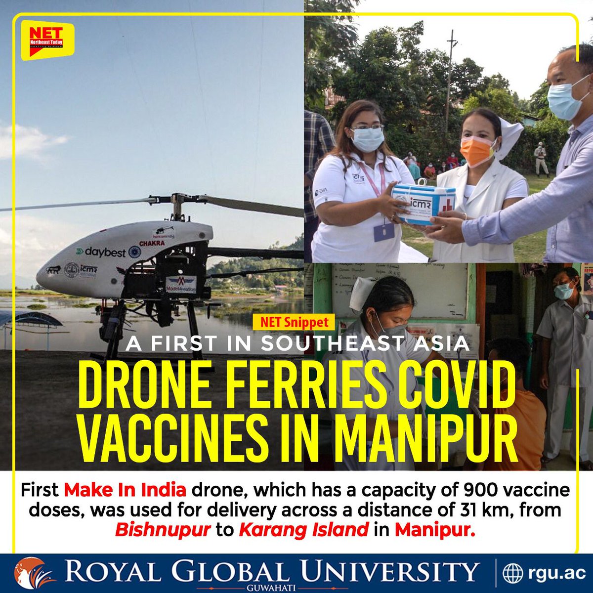 NortheastToday's tweet photo. #NetSnippet | For the first time, a ‘Make in India’ drone has been used in South Asia to transport Covid-19 vaccine over an aerial distance of 15 kilometres in 12-15 mins from the Bishnupur district hospital to Loktak lake, Karang island in Manipur.

@manipurmygov @MoHFW_INDIA https://t.co/BEI1ITW5VD