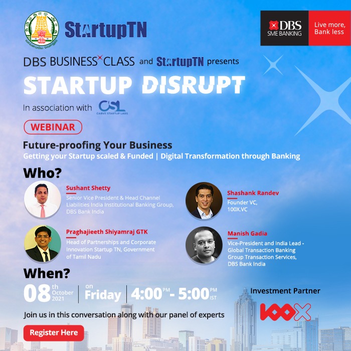 TheStartupTN's tweet photo. How to get your startup scaled and Funded?🚀

Join us in the DBS business class Startup Disrupt webinar series to know about investor point of view 😎on the above topics. @dbsbank @ShashankRandev @manishgadia @sushantshetty 
know more and register: 👉https://t.co/vZt44sZMFZ https://t.co/Lq6sdHLrhS
