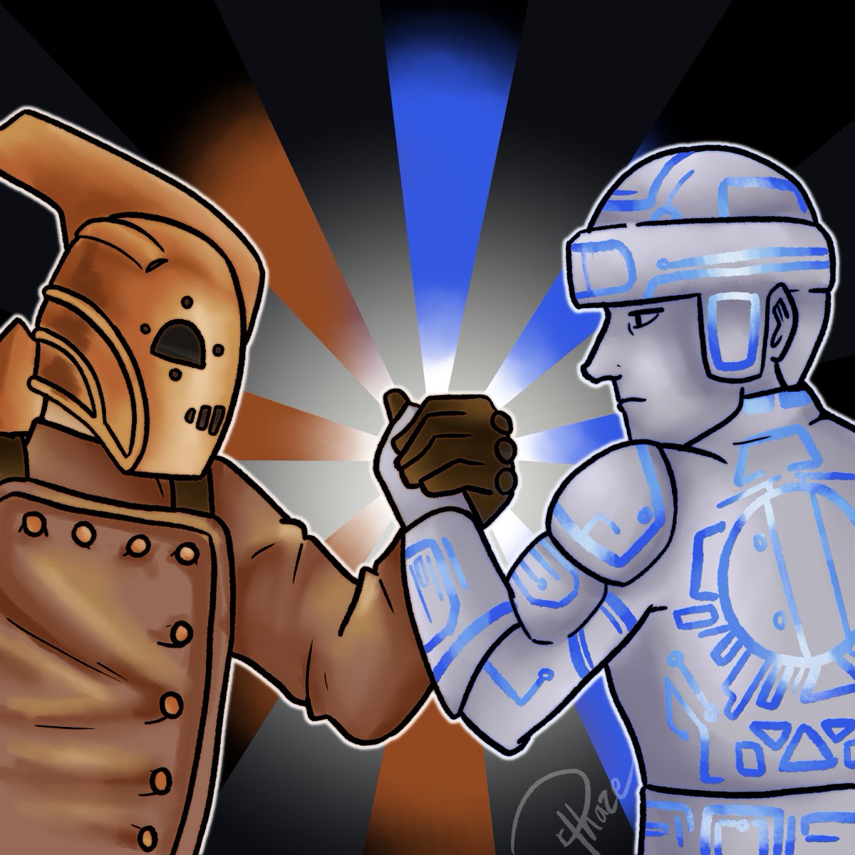 rPhazeart's tweet photo. Outsourcing Creativity: DId a birthday request from one of my favorite people on social media! Of course I only know his fb stuff so will not out him lmao! But we have us a picture of the #Rocketeer and #Tron doing the #PredatorHandshake #digitalart #artrequest https://t.co/Zl9TORlYPV