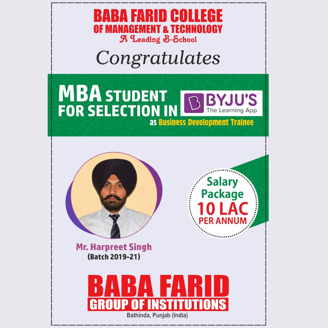 BabaFaridGroup's tweet photo. A Big Congratulations to Mr. Harpreet Singh from MBA Batch of (2019-21) on his placement in BYJU'S, an Indian multinational educational technology company and also the world's most valuable educational technology company.
#BFGI #BFCMT #Placement #BYJUS #Edtech #MNCplacement https://t.co/1sXoCcoiK2
