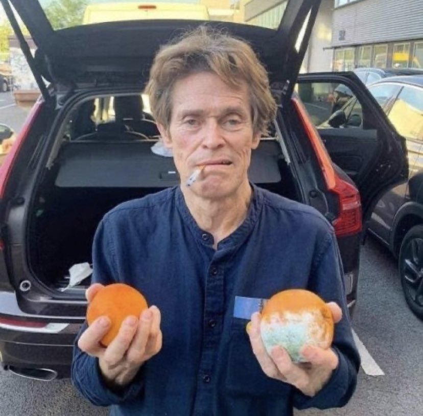 reactjpg's tweet image. willem dafoe smoking cigarette with two oranges one of them moldy