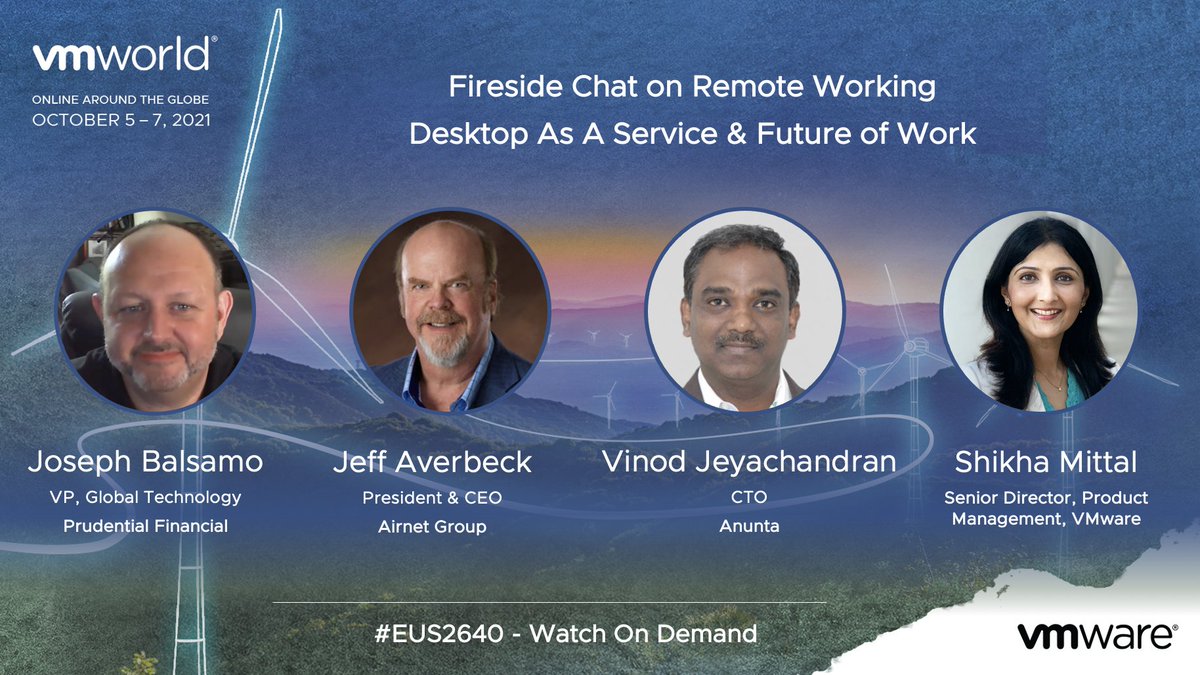 Check out my fireside chat with industry leaders on Remote Working, Desktop &amp; App Virtualization and Future of Work. Watch it on-demand online! #VMworld 2021
#anywhereworkspace #horizon #remotework #desktopasaservice @vmwarehorizon 

lnkd.in/gzxUXRQn