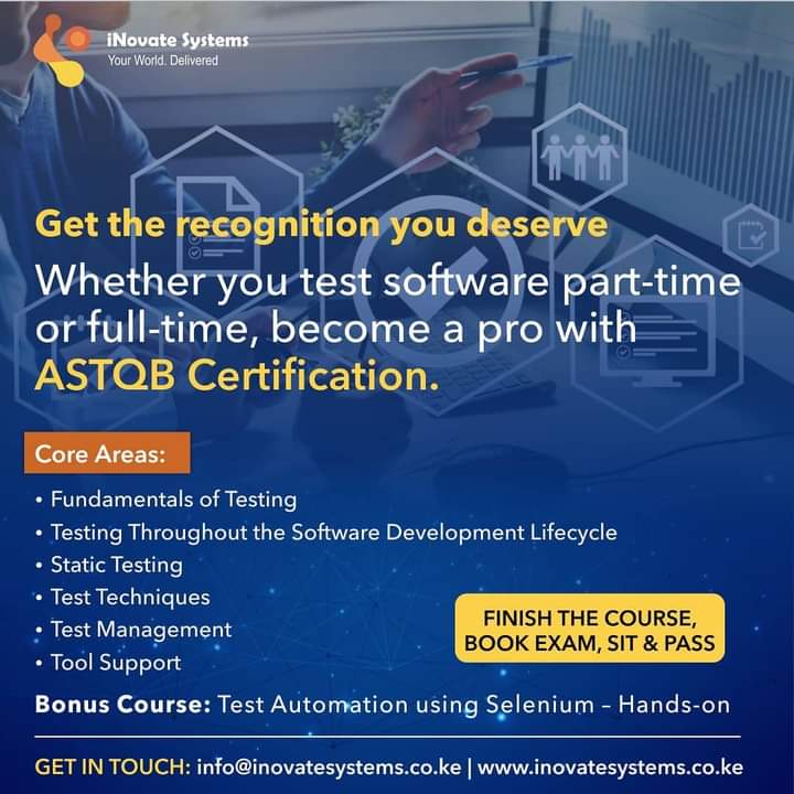 innovatesystem1's tweet photo. Not too late to register for our Software Testing training. 
Get quality training with certified training.

For more information visit our website at https://t.co/T0lWreaFHO. 

Email us on info@inovatesystems.co.ke.

#sqa #softwaretesting #Testing #qualityassuarance #BigData #Ama https://t.co/zgck6bOY88