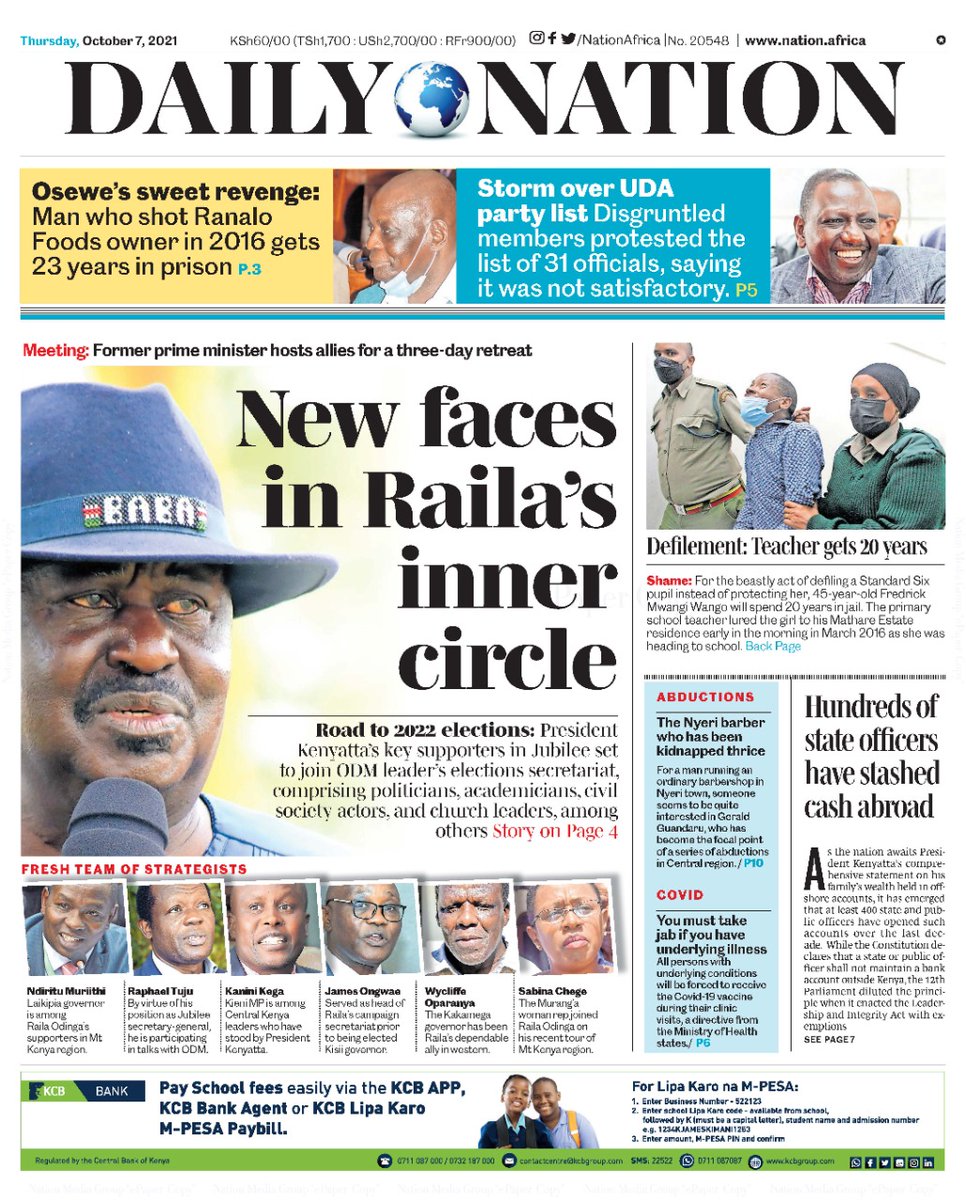 evansokaalo's tweet photo. Today is Thursday (TBT) 7/10/21, these are the Newspaper ���️ headlines in KE.
#homework
Weston Hotel Kanini Kega Miguna Uhuru Kenyatta JKIA Eldoret Kanairo NHIF Barbados #JKLive #NgapataSwimmingPool #Nursing Thika #Brekko #PhonyLeaks #HarambeeStars Kitengela https://t.co/JbFXrmQ28U