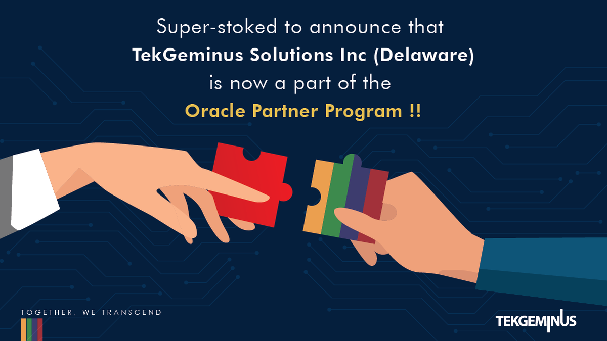 Big day for #Tekgeminus – 
"We have been enlisted in the #Oracle Partner Program to further strengthen our expertise in the Oracle #Utility based #solutions to our utility partners all around the world."
.
#oraclepartnerprogram #partnership #delaware #india #usa #announcement