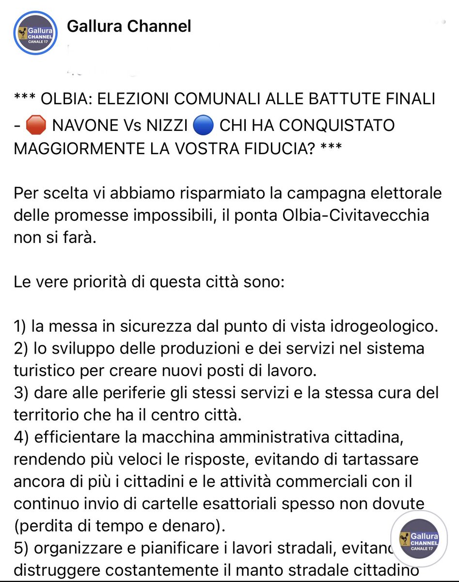 GalluraC's tweet photo. *** OLBIA: ELEZIONI COMUNALI ALLE BATTUTE FINALI - 🛑 NAVONE Vs NIZZI 🔵 CHI HA CONQUISTATO MAGGIORMENTE LA VOSTRA FIDUCIA? *** #augustonavone #settimonizzi #Elezionicomunali2021 #olbia #Olbia #gallurachannel #gallurachannellatvdelterritorio #sardegna #Sardegna #sardegnaland https://t.co/RwJSSeUmXV