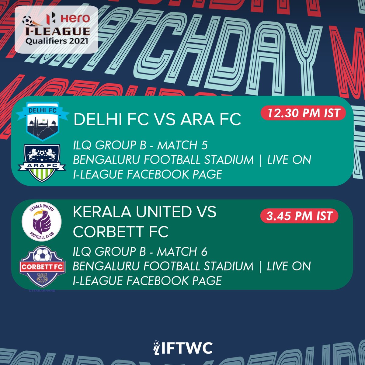 IFTWC's tweet photo. Delhi FC to start their campaign against ARA FC. On the other hand, Kerala United and Corbett FC will look to get their first win in the I-League qualifiers 🤩
#DelhiFC #KUFC #ARAFC #CorbettFC #ILeague #ILeague2 #IndianFootball #IFTWC https://t.co/UCEnmncmog