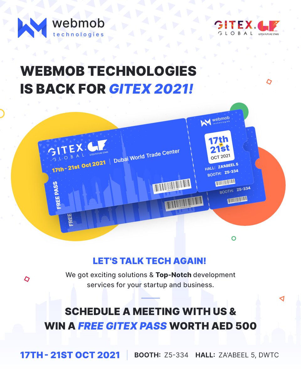 webmobtech's tweet image. Get yourself a free 5-day pass for the #gitextechnologyweek. Only a few passes left!!

We are eagerly waiting for your ideas at #GITEX2021 

Register for pass: bit.ly/3FsduNR

@GITEXTechWeek 

#GITEX2021 #GITEXtechnologyweek #gitexdubai #techevent