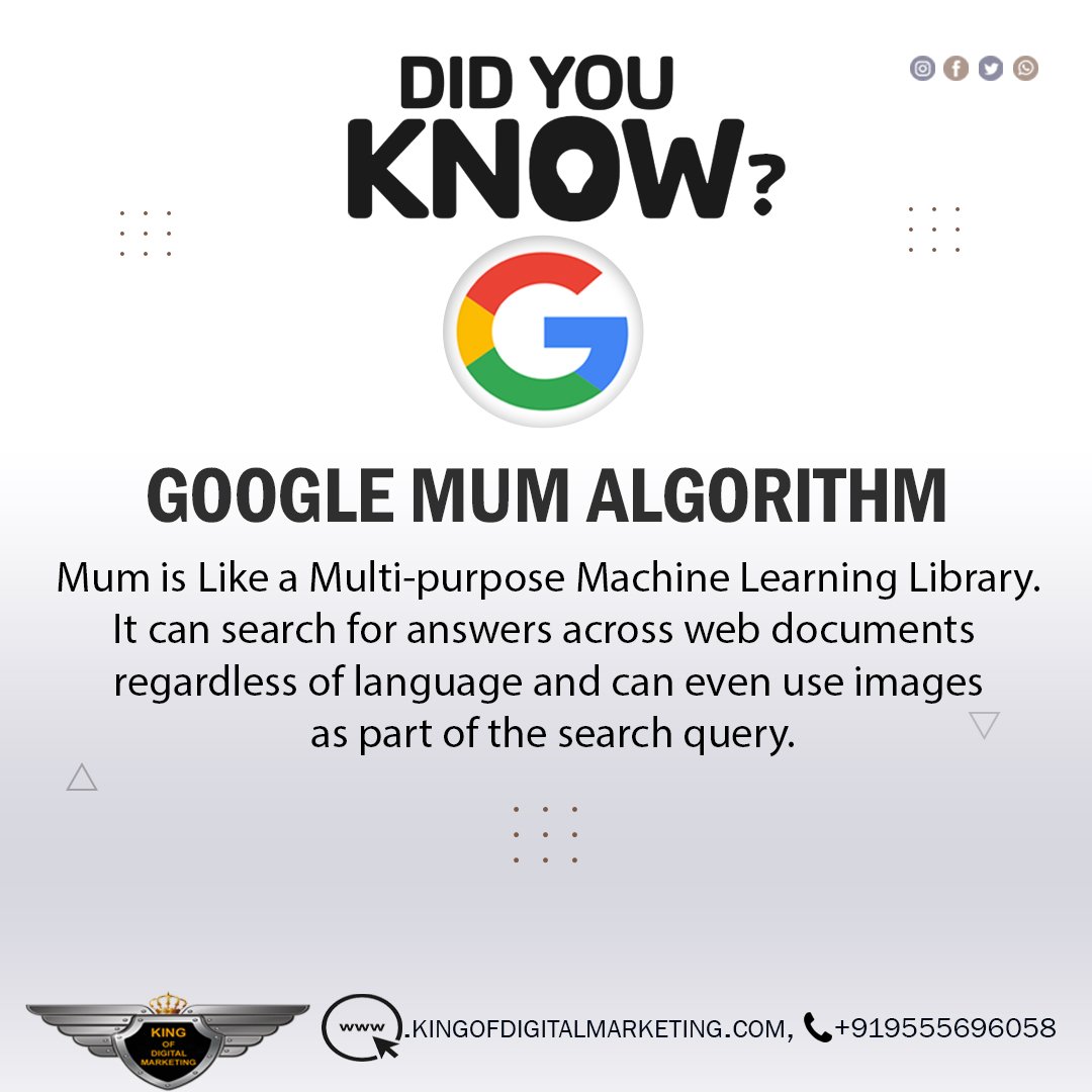 kingofdgtlmrkt's tweet image. DID YOU KNOW?
.
#GOOGLEMUMALGORITHM
#didyouknow #googlealgorithum #MUMalgorithum #searchquery #multipurposemachinelearninglibrary #machinelearning #languagebarrier #google #update #googleupdate #SERP #tips #facts #marketingmemes #marketingtips #marketing #marketingfacts #career