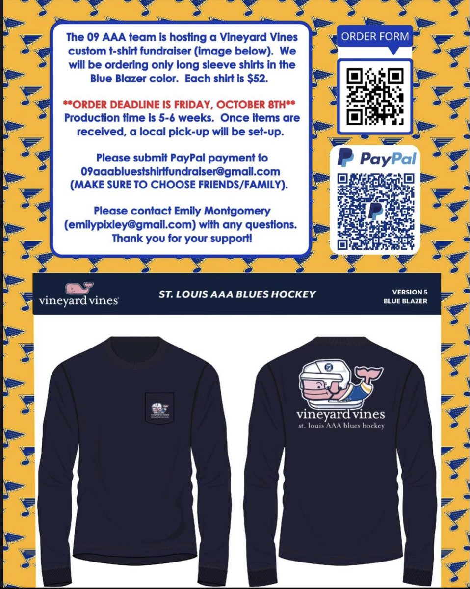 Barretjackman5's tweet photo. Huge year for the ‘09 AAA Blues peewee Quebec team! Haven’t received the acceptance but fund raising has already started. These T-shirts could be worn at a Blues game, youth game or at work and will be hit of the town! Please support! https://t.co/QZeoIU5Kc8