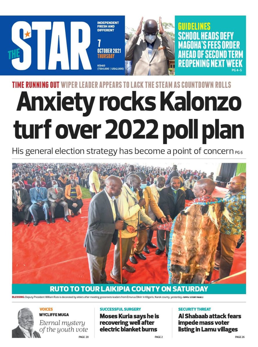 Punchline_Afric's tweet photo. Newspaper 📰 Headlines in Kenya.
The Star: Anxiety rocks Kalonzo turf over 2022 poll plan.
Daily Nation: New faces in Raila's inner circle.
The Standard: Pandora: Uhuru, Raila turn tables.
#kenya Kanini Kega #JKLive Weston Hotel #JKLive Kitengela #PhonyLeaks Kangata https://t.co/WdzkaM3rb6