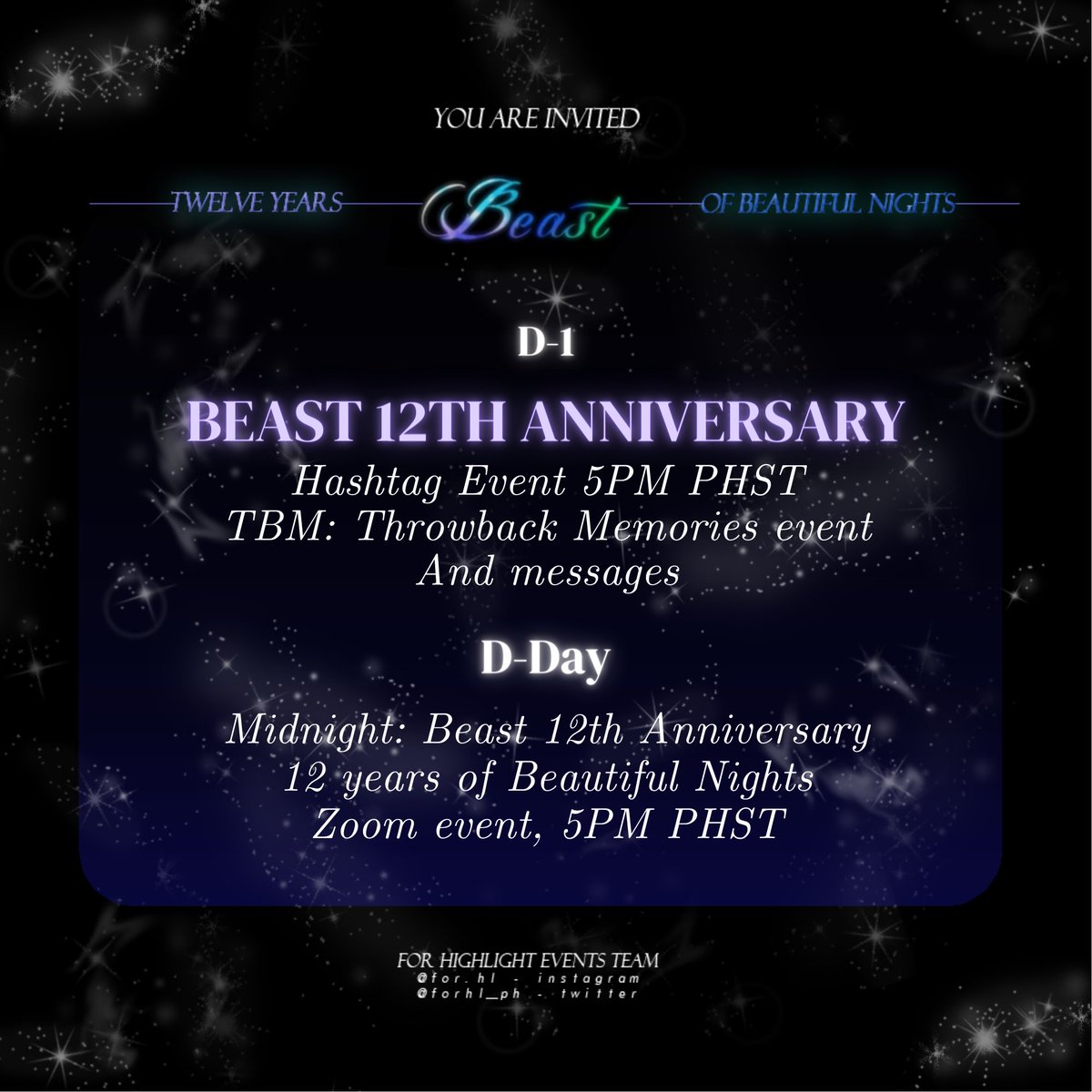 teamforHL's tweet photo. 📢❗️D-10❗️

✨BEAST 12TH ANNIVERSARY: Countdown starts today!

See our schedule below ⬇️
 
We have so much in store for you guys. May it be PH or International Byulights. Let’s celebrate this #B12UTIFUL_NIGHT🎆 together!🥰

#BEAST #비스트 
#Highlight #하이라이트 @Highlight_AUent https://t.co/HqYMvE0DGz