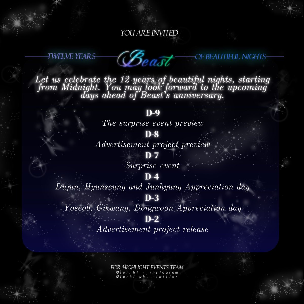 teamforHL's tweet photo. 📢❗️D-10❗️

✨BEAST 12TH ANNIVERSARY: Countdown starts today!

See our schedule below ⬇️
 
We have so much in store for you guys. May it be PH or International Byulights. Let’s celebrate this #B12UTIFUL_NIGHT🎆 together!🥰

#BEAST #비스트 
#Highlight #하이라이트 @Highlight_AUent https://t.co/HqYMvE0DGz