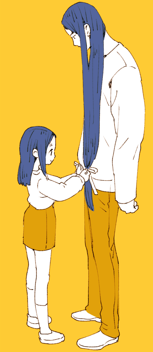 long hair 1girl 1boy long sleeves low-tied long hair simple background yellow background  illustration images