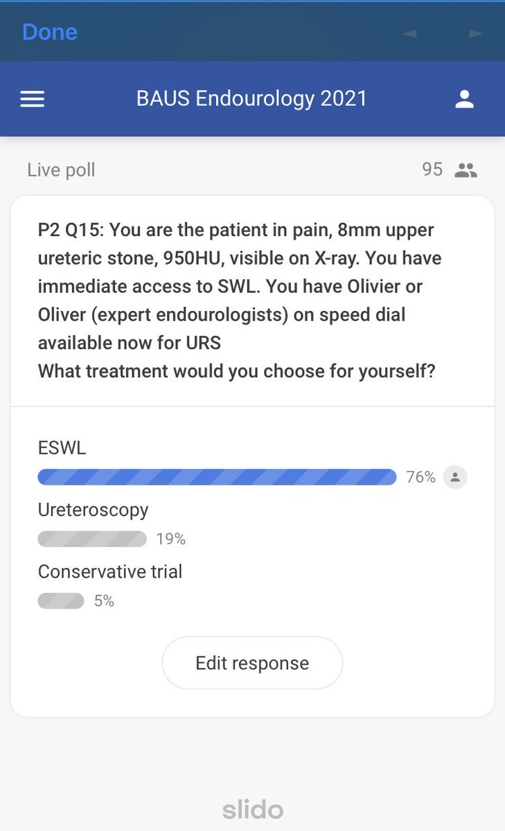 Rob Calvert (@robcalvert18) on Twitter photo The majority of polled Endourologists would choose SWL over ureteroscopy for their own 8mm upper ureteric stone.
Sorry <a href="/OTRAXER/">Olivier Traxer</a> and <a href="/OJWiseman/">Oliver Wiseman</a> 🤷♂️
#UroSoMe The majority of polled Endourologists would choose SWL over ureteroscopy for their own 8mm upper ureteric stone.
Sorry <a href="/OTRAXER/">Olivier Traxer</a> and <a href="/OJWiseman/">Oliver Wiseman</a> 🤷♂️
#UroSoMe