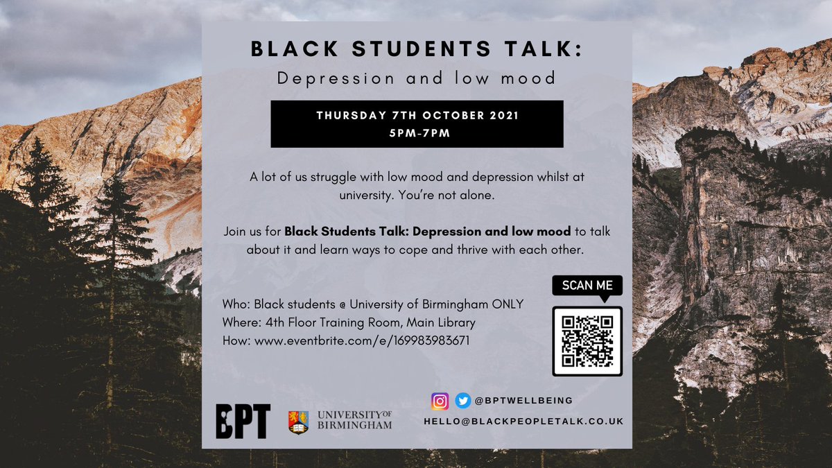 BPTwellbeing's tweet photo. We're exited to be hosting part 1/3 of Black Students Talk x @unibirmingham today!
A lot of us struggle with low mood and depression whilst at university.
Today's session is about learning to cope, listen, support each other.
#BlackStudentsTalk https://t.co/6XRQBnC7GP