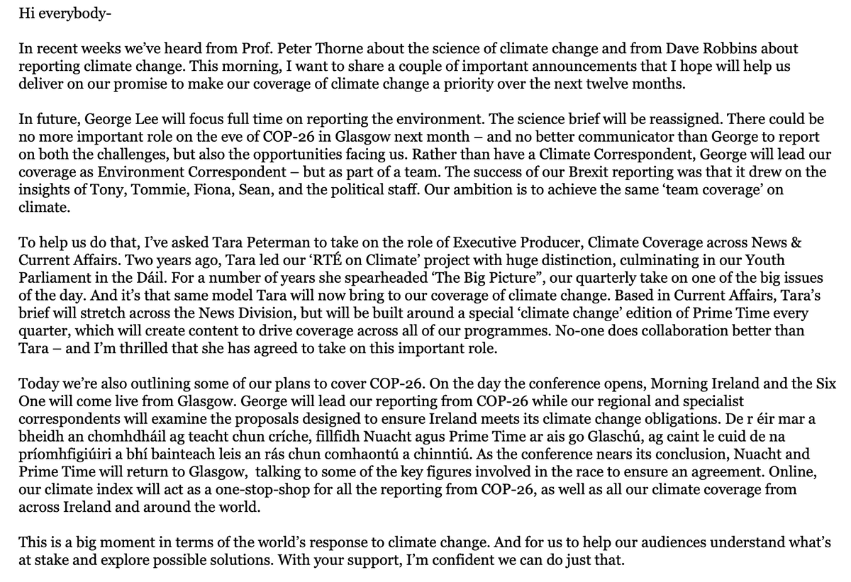Statement just issued by <a href="/WilliamsJon/">Jon Williams</a> on how <a href="/rtenews/">RTÉ News</a> plans to ramp up its #climate coverage, with immediate effect

Credit where due to all concerned. Now is the time for every one of us involved in media to treat the #ClimateEmergency like an actual 🚨emergency⏰