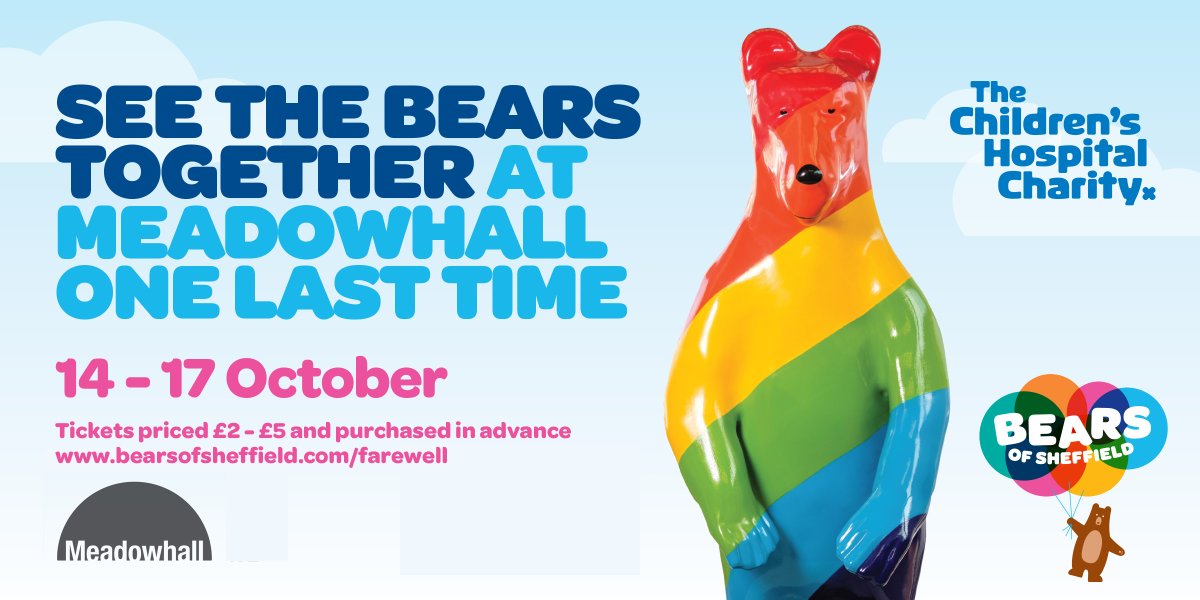 SuzJenkin's tweet photo. The @bearsofsheff have left the streets, but you can still see them all together one last time! 🐻
Get your tickets for the Farewell Weekend and see all the Bears for a final send-off at Meadowhall from 14th-17th October, supporting @SheffChildrens.
https://t.co/JjQSd9X01V https://t.co/Uf6UffhXxT