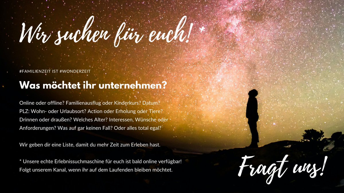 wonderzeit's tweet photo. #Familienausflug wäre schön, aber keine Idee, wohin? Oder suchst du einen passenden #Onlinekurs oder #Kinderkurs? Möchtest du einen zufälligen Vorschlag oder hast du genauere Vorstellungen? Wir helfen euch gerne: https://t.co/dw8AXBFkY9