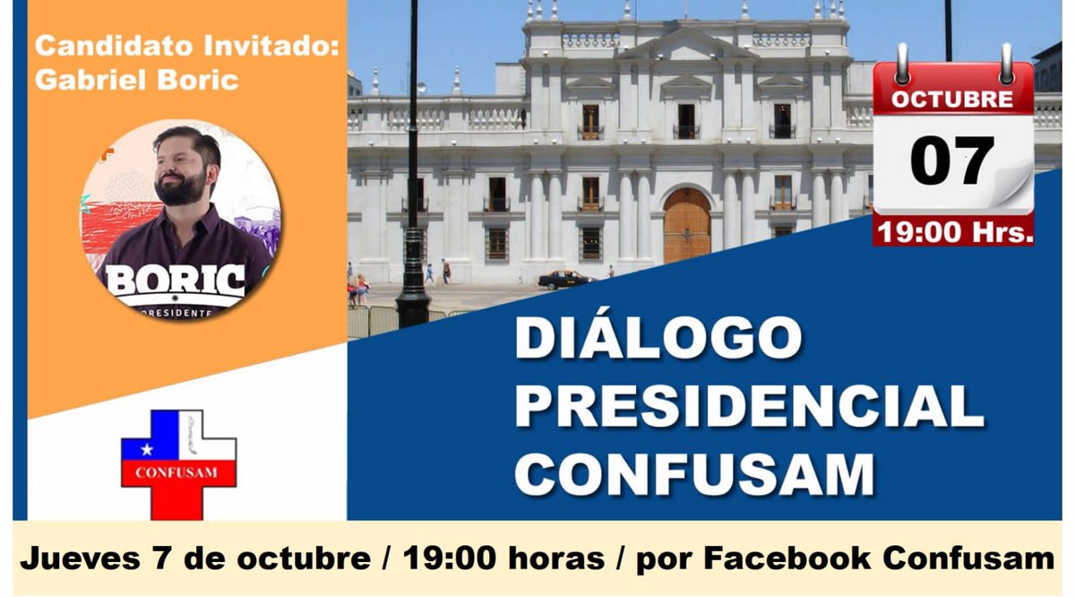 ATENCIÓN 🔴Hoy, jueves 7 de octubre, Gabriel Boric visitará nuestra sede a las 19:00 horas para hablar de su programa de salud y responder inquietudes sobre el desarrollo de la Atención Primaria. Vía Facebook Confusam. Imperdible!!!👇👇👇