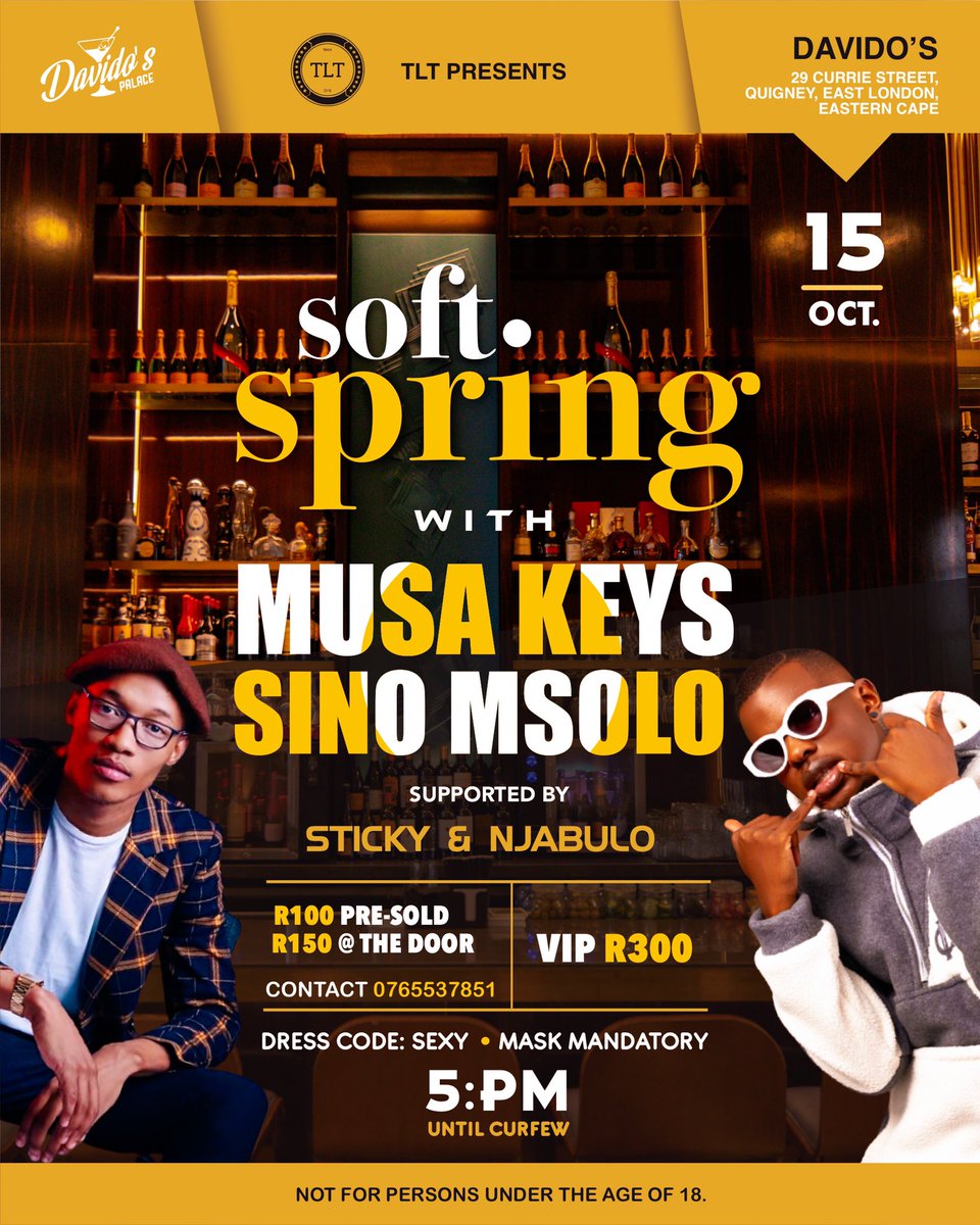 SizzleRSA's tweet photo. Tsonga Micheal Jackson &amp; Mr.Jola about to lit up Davido’s next Friday💃🏼🕺🏼🔥🔥

Get your Pre-sold tickets ASAP | VIP (limited)

Details on the poster, let’s rock‼️#SoftSpring https://t.co/IDy71fZM7B