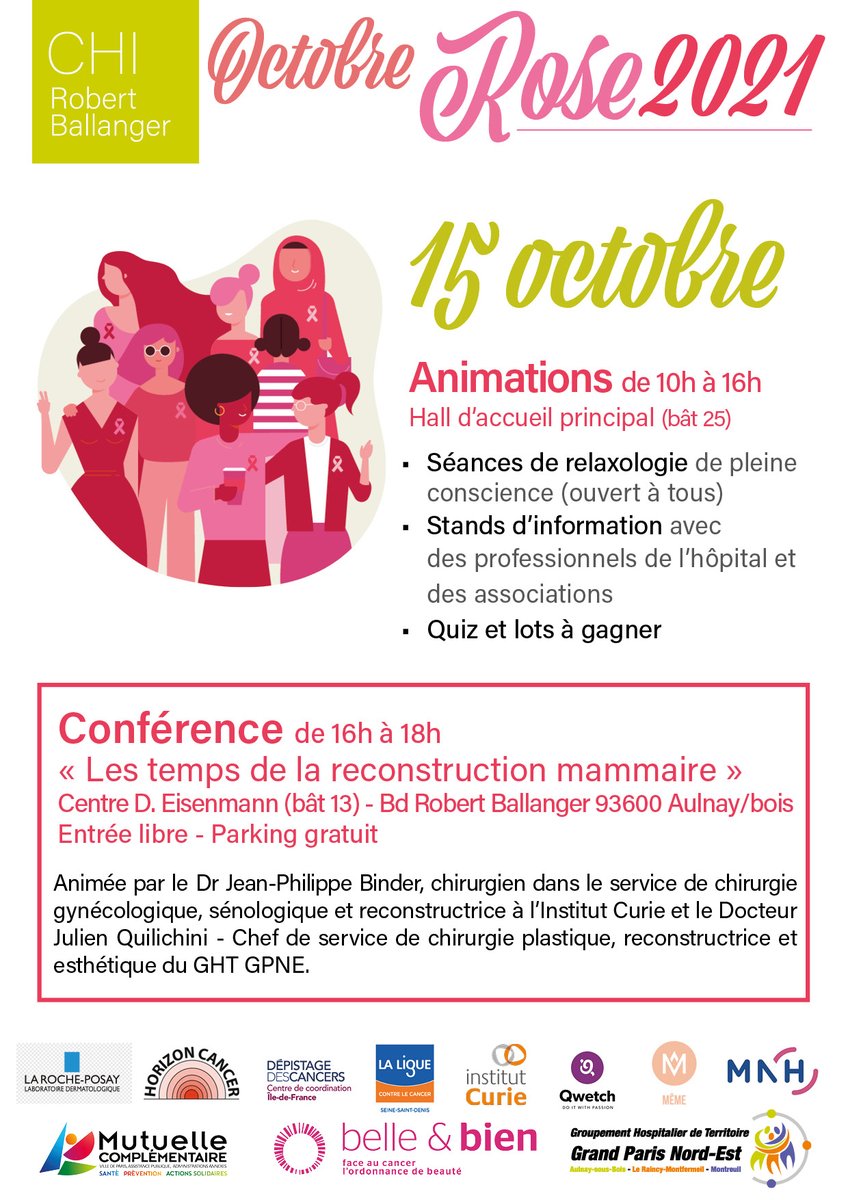 [Octobre Rose au CHI Robert Ballanger]
Conférence sur les temps de la reconstruction mammaire le vendredi 15 octobre de 16h à 18h animée par des médecins experts de l'hôpital Robert Ballanger <a href="/ght_gpne/">GHT Grand Paris Nord-Est</a> et de l'<a href="/institut_curie/">Institut Curie</a>