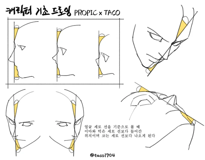 얼굴 세로 선을 기준으로 보면 이마와 턱은 들어간 위치이기에 변하는 각도 맞춰 이마와 턱을 넣어준다 