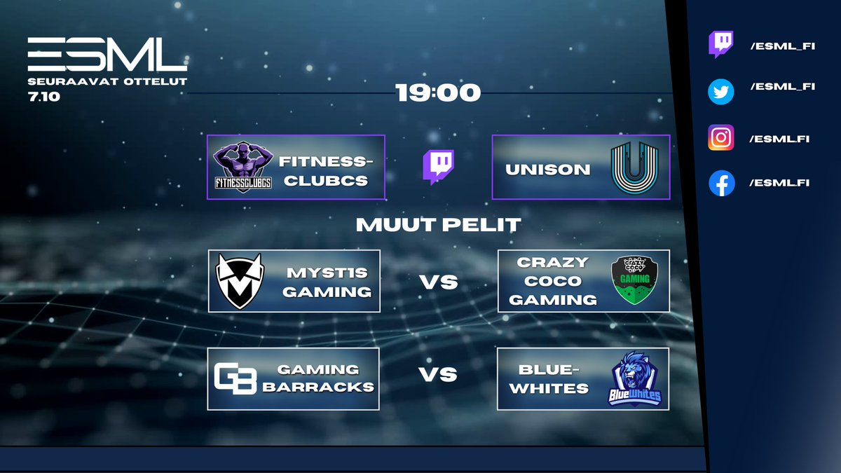 Tänään taas mennään, kun striimissä toisensa kohtaa Fitnessclubcs &amp; Team Unison 🔥

⏰ 19:00

📺 twitch.tv/esml_fi
#FITNESSCLUBCS VS <a href="/UNISONWIN/">UNISON</a>

<a href="/Myst1sGaming/">Myst1s Gaming</a> VS <a href="/crazycocogaming/">Crazy Coco Gaming</a>

<a href="/Gaming_Barracks/">Gaming Barracks</a> VS <a href="/BlueWhites/">BlueWhites</a>

#esml #csgofi #esportsfi