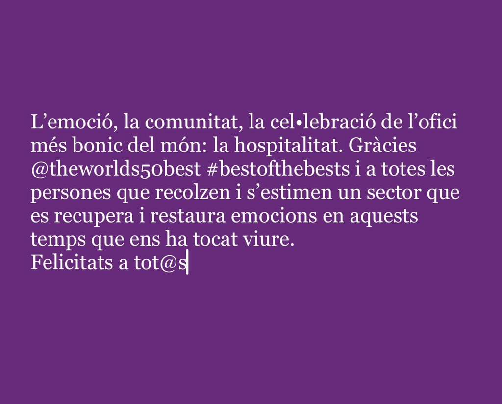 CanRocaCeller's tweet photo. The feeling, the community, the celebration of the most beautiful work in the world: hospitality. Thanks @theworlds50best #bestsofthebests and all the people that supports and love an industry that recovers and restores feelings in these times we lived. 
Congratulations to all ! https://t.co/kr2OaKteWL