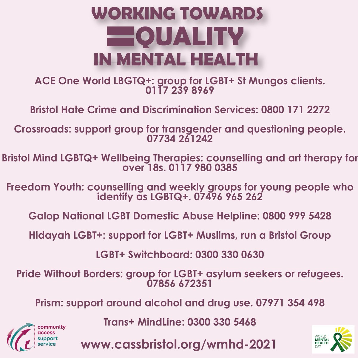 Taking steps towards mental health support can be difficult, and even harder if you face additional barriers. Many organisation in Bristol serve specific groups and can address those barriers right from the start of your mental health journey.