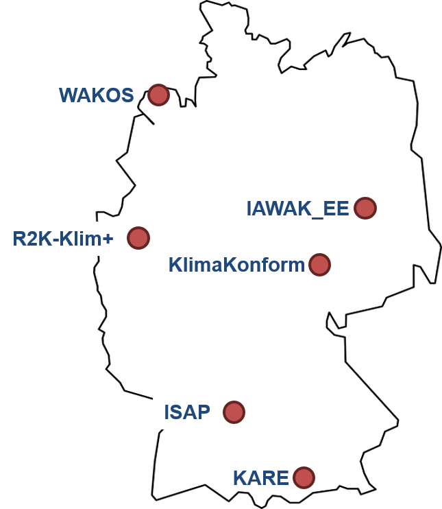 In 6 Modellregionen in ganz 🇩🇪 und zwei Querschnittsprojekten arbeitet das <a href="/RegIKlim/">RegIKlim</a> Verbundprojekt an diesen Herausforderungen. @IAWAK_EE #WAKOS #KARE #ISAP #KlimaKonform #R2K-Klim+ #NUKLEUS #WIRKsam. Mehr dazu auf regiklim.de