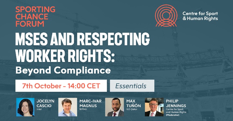 SportandRights's tweet photo. Coming up in 🔟 minutes at #SCF21 we have a session on MSEs and Respecting Worker Rights: Beyond Compliance moderated by @PJenningsUNI with a panel of @MaxTunonILO, Marc-Ivar Magnus from @WFSGI and Jocelyn Cascio from @intel 👇