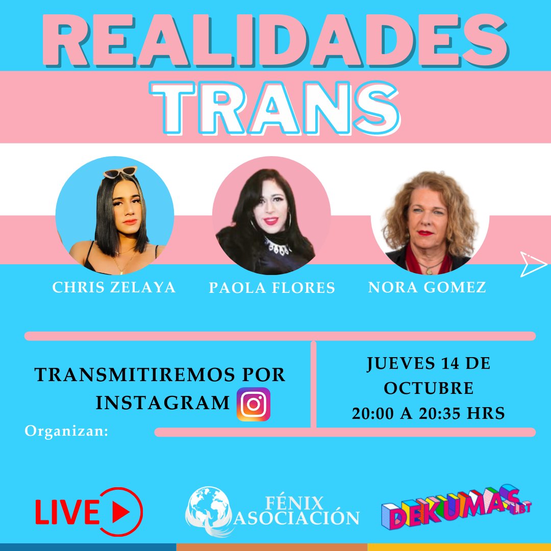 Este jueves 14  con apoyo de <a href="/dekumaslbt/">Dekumas LBT Asociación Mujeres lesbianas bi trans</a> tendremos un live por Instagram, referente al octubre trans con tres panelistas invitadas.

#octubretrans #igualdad #libertad #respeto #octubretrans #altotrnsfobia #asociaciónfénix