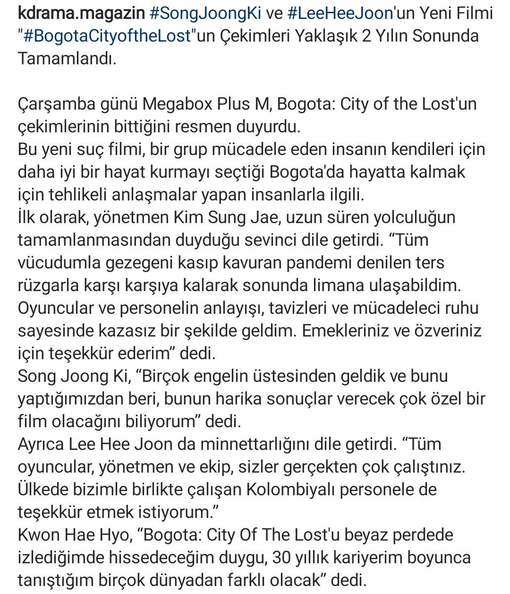 #SongJoongKi ve #LeeHeeJoon'un Yeni Filmi '#BogotaCityoftheLost'un Çekimleri Yaklaşık 2 Yılın Sonunda Tamamlandı.