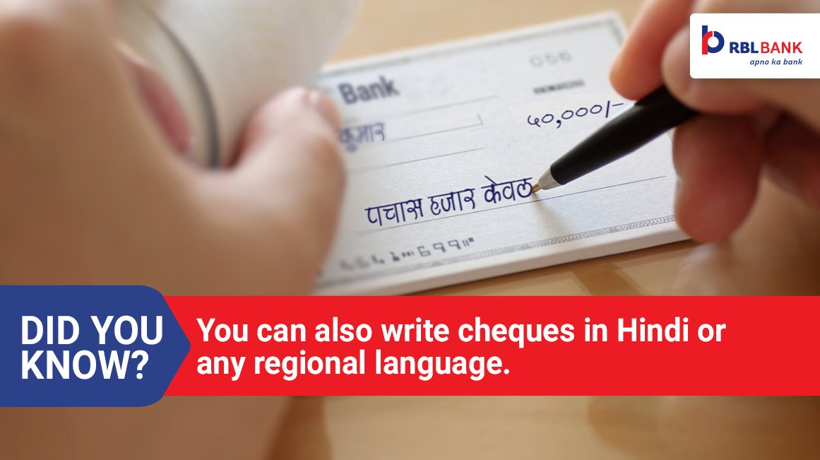 rblbank's tweet photo. As per the RBI guidelines, all cheques should be printed in Hindi and English. However, you can write cheques in Hindi, English or any local language of your preference.  
 
#DidYouKnow #RBLBank #ApnoKaBank https://t.co/lSkAujCNxc