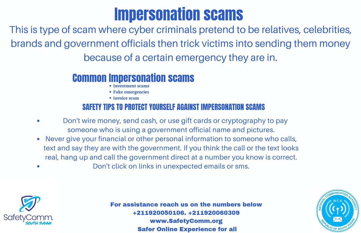 SafetyComm_SS's tweet photo. There are so many impersonation scams out there but they all work the same way. Be vigilant at all times. #SSOT #BeCyberSmart  #SaferOnlineExperienceForAll #cybersecureSSD https://t.co/83dfRQYw4b