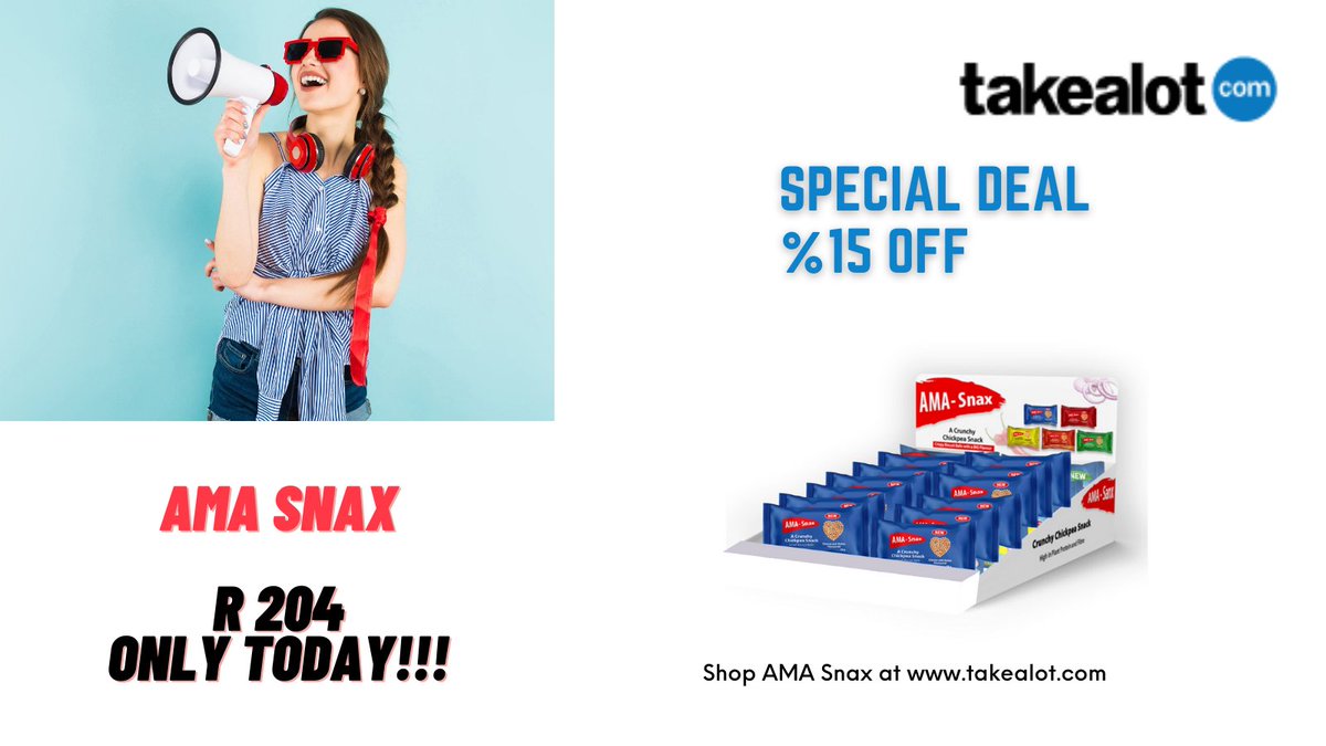 SkinniSnax_SA's tweet photo. AMA Snax on #Takealot Daily Deals 📣

🔥Buy today 24 pack with %15 OFF price for only R 204 ! 🤩

Visit 👉👉 https://t.co/vhRApV3q2I

Don't miss this special price, hurry up 🏃‍♀️🏃

#dailydeals #AMASnax #24pack #discount #chickpeasnack #healthysnacks #vegetariansnack #southafrica https://t.co/q0MNU7rAnG