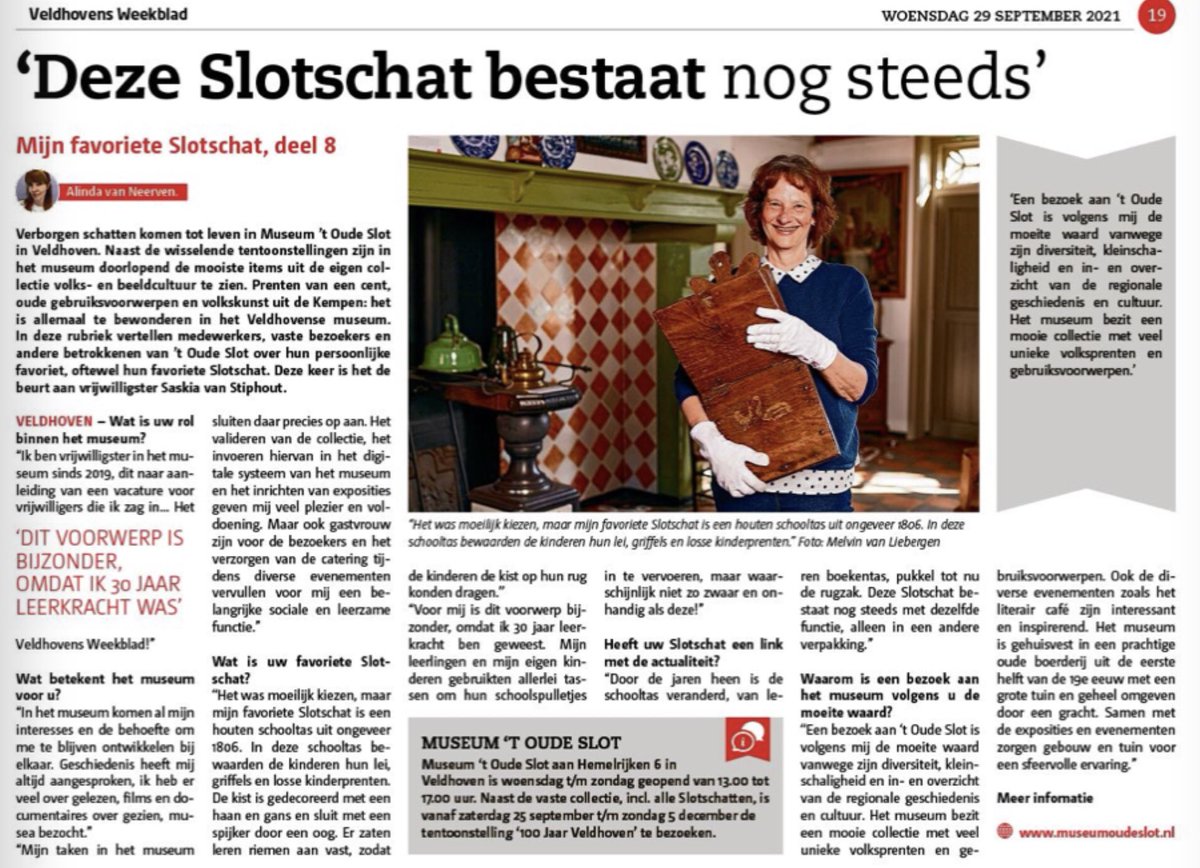 Alweer de een-na-laatste aflevering van de rubriek ‘Mijn favoriete Slotschat’ <a href="/Veldhovenswkbld/">Veldhovens Weekblad</a> met vrijwilligster Saskia van Stiphout! Bekijk alle eerdere interviews: museumoudeslot.nl/nieuws/mijn-fa… #museum #Veldhoven #erfgoed #volkskunst #geschiedenis