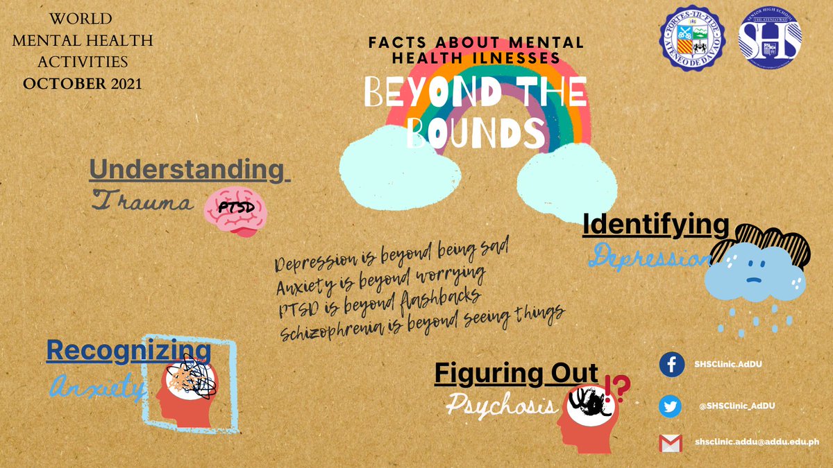 SHSClinic_AdDU's tweet photo. Mental Health Illnesses are more than what you think. Check facts and be informed about the common Mental Health Disorders.
#LiveWellBeWell
#AdDUSHSClinic Services
#HealthPrograms2021
#mHealth #HealthAdvisory
#Healthyhabits #HealthyLifestyle #HealthPlan
#ResilienceProject https://t.co/FoqfUUCxa6