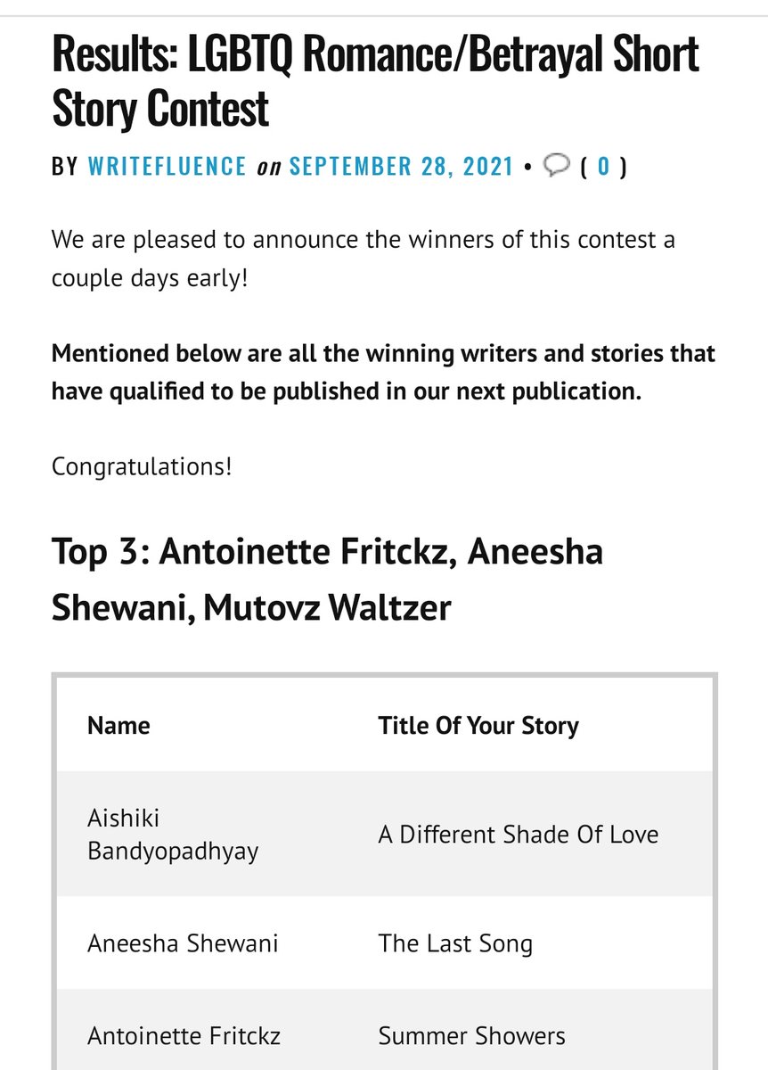 felinemusings's tweet photo. My short story is on it's way to becoming part of a published anthology and is 1 of the top 3 in the competition. Thank you @writefluence.
Results: LGBTQ Romance/Betrayal Short Story Contest https://t.co/RB7nf2rhHL
#artofwriters #shortstory #writefluence #writingcommunity https://t.co/PUwgJ7HrrW