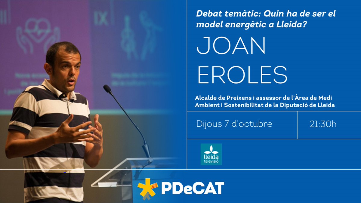 PD_TerresLleida's tweet photo. 📺Aquesta nit, @JoanErolesViles, alcalde de #Preixens i assessor de l'Àrea de Medi Ambient i Sostenibilitat de la @DiputacioLleida, ens representarà en el debat de @LleidaTV que tindrà lloc a les 21:30h per parlar de 'Quin ha de ser el model energètic a Lleida?'
#DefensemLoNostre https://t.co/dI8gxba7ip