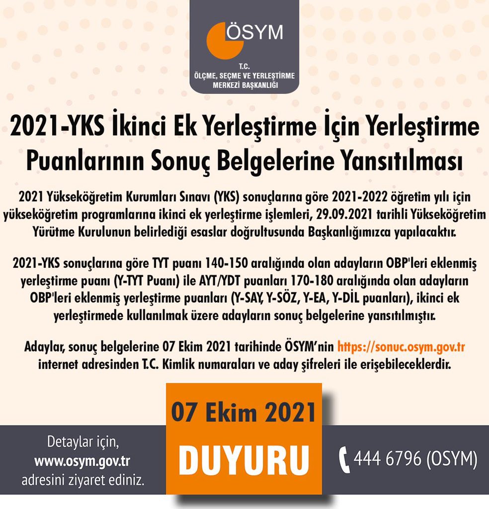 2021-YKS İkinci Ek Yerleştirme İçin Yerleştirme Puanlarının Sonuç Belgelerine Yansıtılması

osym.gov.tr/TR,21350/2021-…