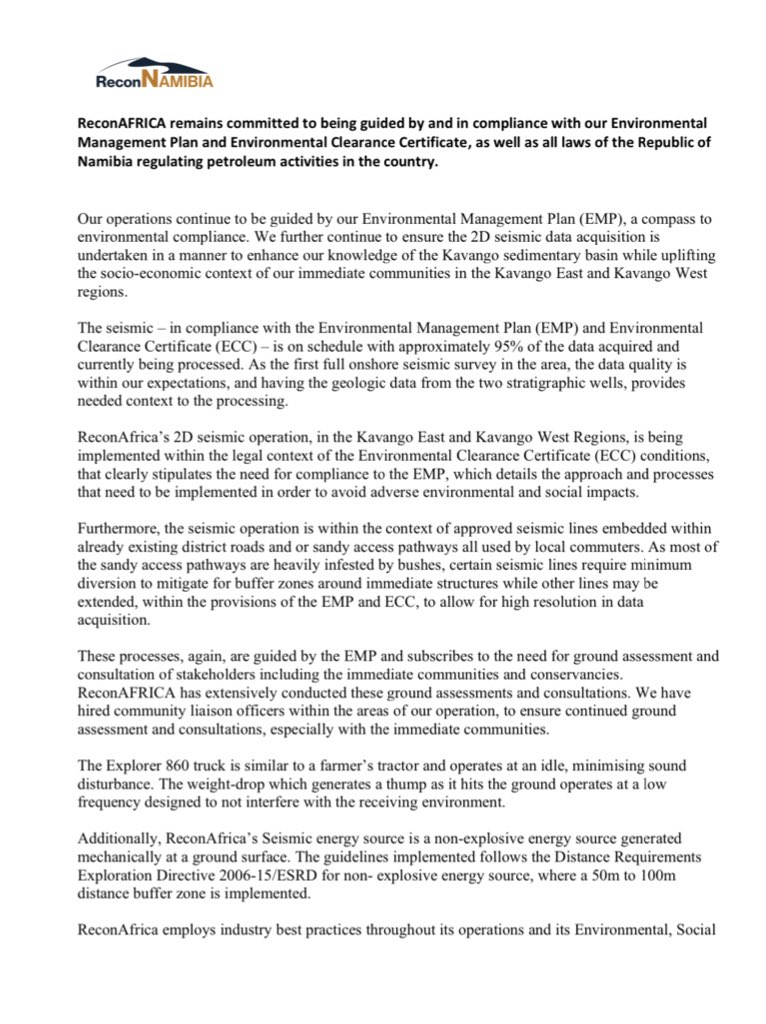 Recon_Africa's tweet photo. ReconAFRICA remains committed to being guided by and in compliance with our Environmental Management Plan and Environmental Clearance Certificate, as well as all laws of the Republic of Namibia regulating petroleum activities in the country.
#ReconAfrica #CommittedToCompliance https://t.co/BGxBxGsAMP