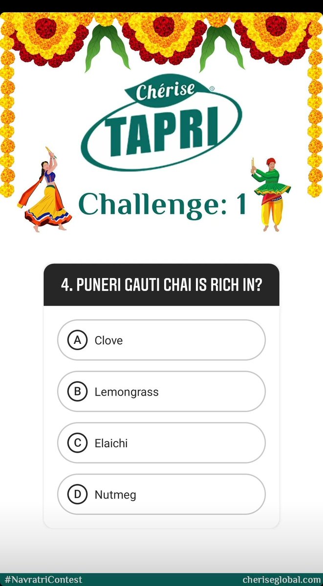 cheriseglobal's tweet photo. *CONTEST ALERT*

#NavratriContest

Celebrate this festive season with Cherise Tapri! We at Cherise are excited to hold a contest for our followers. Come participate in the festive spirit!

Correctly answer the following questions.

#Cherise #ChaiLovers #CheriseTapri #TapriLove https://t.co/3dyJOPPWsp
