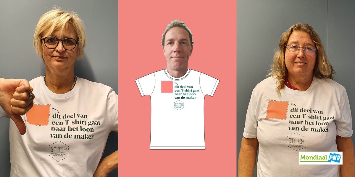 FNVMondiaal's tweet photo. Een te klein deel van elk shirt gaat naar de makers, dat moet anders! Vanuit #STITCH maken wij ons hard voor een leefbaar loon. Ook #TweedeKamerleden komen hiervoor vandaag in actie tijdens #WorldDayforDecentWork. Volg onze socials #WDDW #TogetherForChange https://t.co/AraoSaWVfz https://t.co/zn8resF5hD