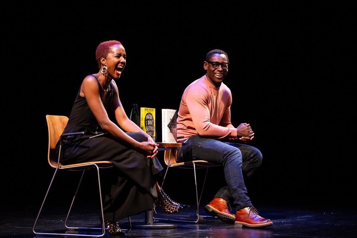 Joy and pain, light and shadow can always co-exist. One of many moments of pure joy on stage with @DavidHarewood at @NationalTheatre last week talking about our books #MaybeIDontBelongHere #TheGoodAlly and the impact of racism on mental health 🖤 📸 @BeckyBailey13