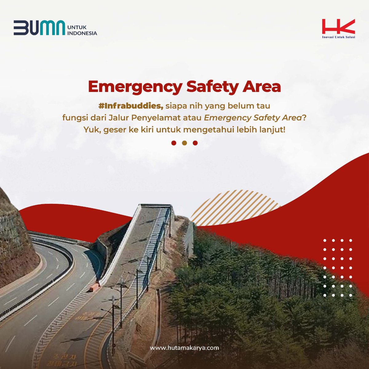 HutamaKarya's tweet photo. #Infrabuddies, tau gak ada jalur darurat yang keliatannya kayak jalanan putus tapi tujuannya demi keselamatan pengguna jalan. Namanya Emergency Safety Area, coba tengok postingan dibawah yuk untuk lebih lengkapnya!😋

#HutamaKarya
#MenghubungkanKebaikan
#HKnowledge https://t.co/nRoX9ui8hT