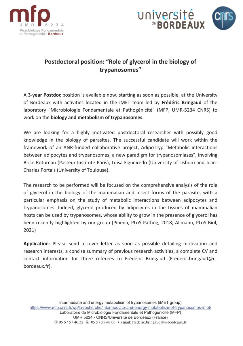 Bringaud Frédéric (@bringaudf) on Twitter photo You are looking for a 3-year postdoc in a nice place (<a href="/univbordeaux/">Université de Bordeaux</a>), with great people (<a href="/BringaudF/">Bringaud Frédéric</a>, #MFP_lab) and on a promising project ("Role of glycerol in the biology of trypanosomes"), answer this announcement as soon as possible fichier-pdf.fr/2021/10/07/pos… You are looking for a 3-year postdoc in a nice place (<a href="/univbordeaux/">Université de Bordeaux</a>), with great people (<a href="/BringaudF/">Bringaud Frédéric</a>, #MFP_lab) and on a promising project ("Role of glycerol in the biology of trypanosomes"), answer this announcement as soon as possible fichier-pdf.fr/2021/10/07/pos…