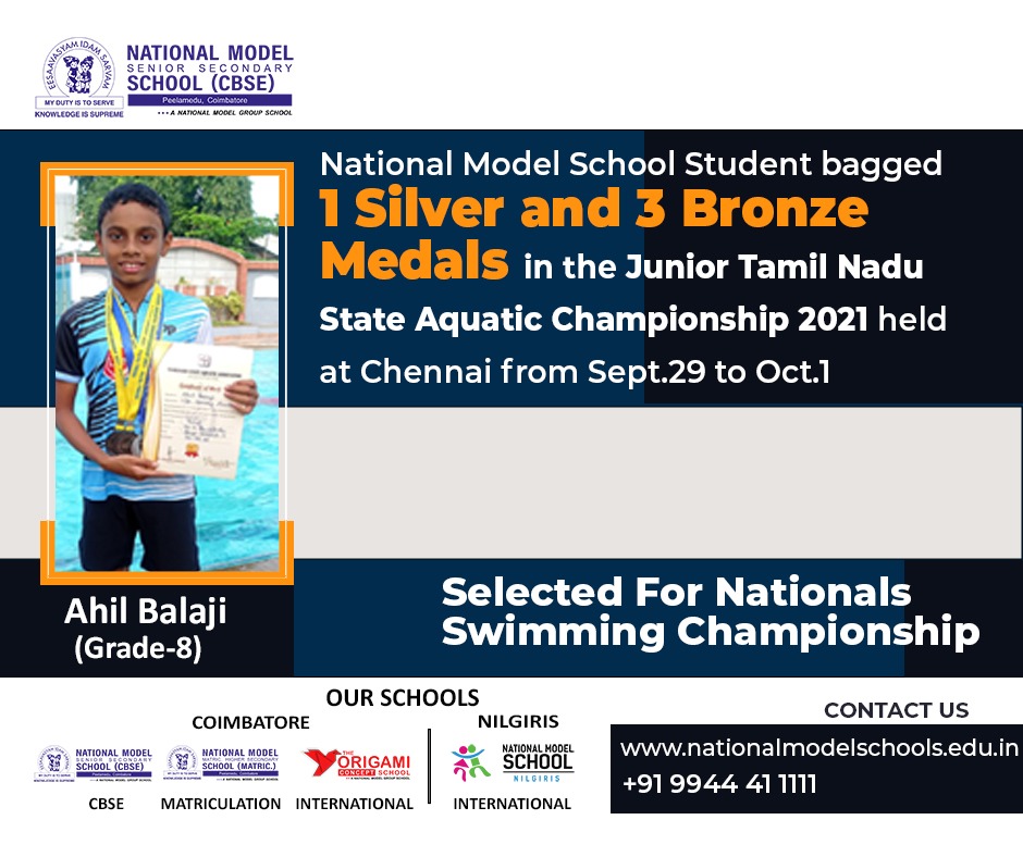 national_models's tweet photo. Glad to inform you that a student of National Model School (https://t.co/fRbPyedfVx), Ahil Balaji of Grade 8 has bagged 1 Silver and 3 Bronze medals in the Junior Tamil Nadu State Aquatic Championship 2021 held at Chennai from 29 Sep to 1 Oct. #championship #student #swimming https://t.co/Oh1OobZBfK